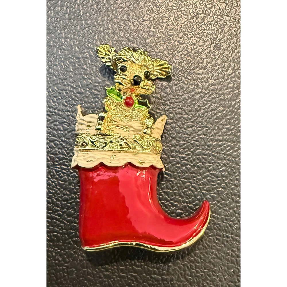 Womens Brooch Red Gold Christmas Puppy Dog Poodle Stocking Pin Holiday Whimsical